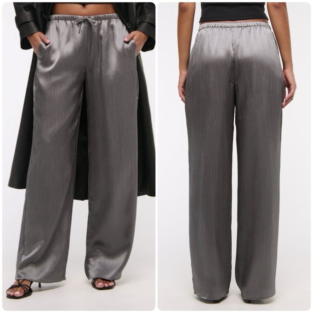 Abercrombie & Fitch Textured Satin Pull-On Straight Pant Gray Silver Metallic XS